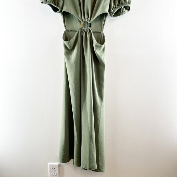 Zara Short Puff Sleeve Round Neck Cut Out A-Line Midi Dress Green Small - Picture 8 of 10